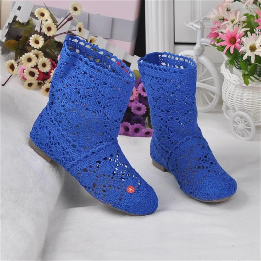 2024 women\'s shoes hollow boots breathable shoes fashion mesh knit line high to help summer women\'s boots Mid-Calf  high tube