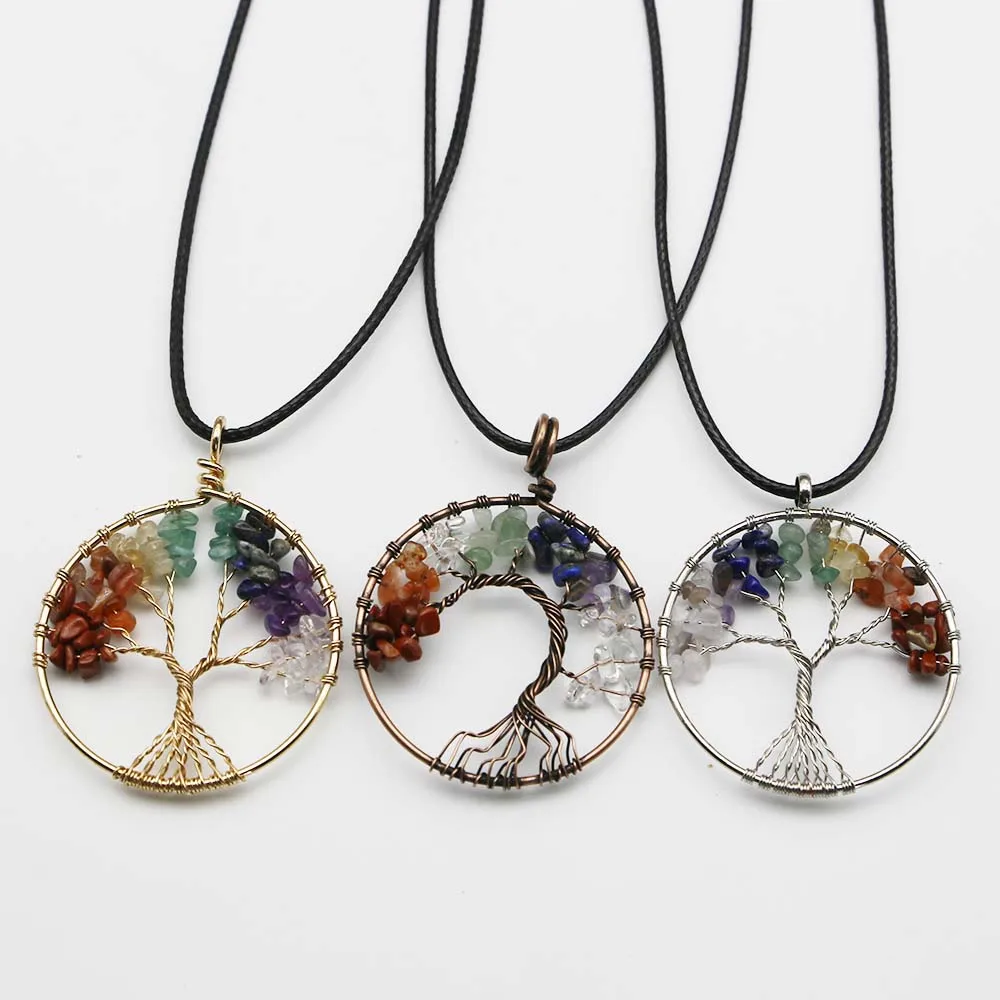 

Natural Seven-color Stone Crystal Pendant Hand-wound Life Tree Necklace For Men And Women The Same DIY Fashion Charm Jewelry 6Pc