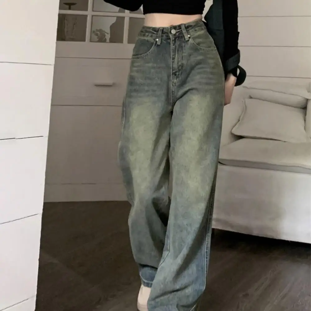 Women Sporty Denim Trousers Retro Distressed High Waist Wide Leg Women's Denim Pants with Zipper Button Closure for Floor