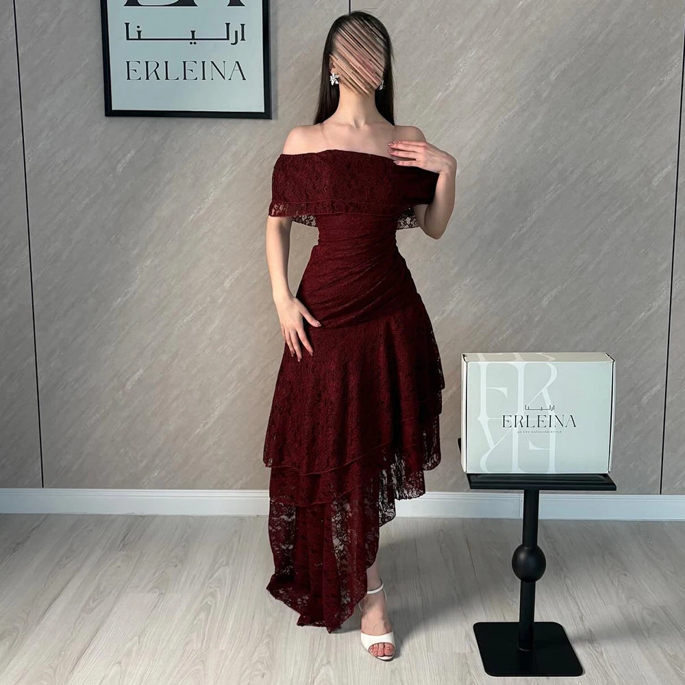 

Burgundy Lace Off-the-Shoulder Asymmetrical Ruffled Evening Dress Customized Tiered Pleats Formal Occasion Wedding Party Gowns