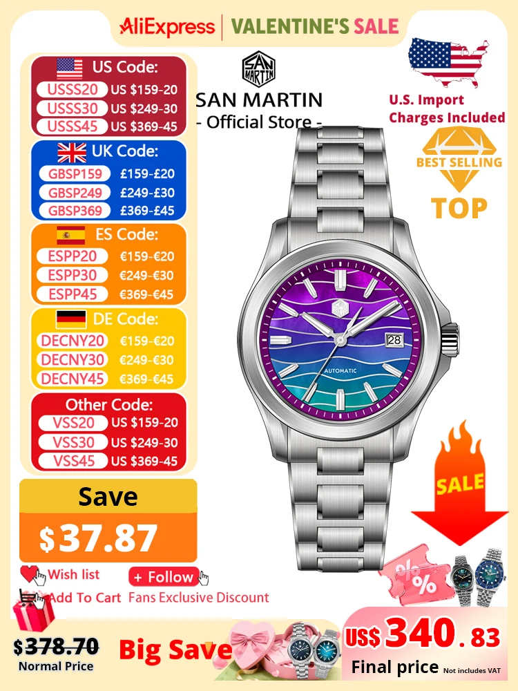 San Martin oficial nuevo 39mm Color degradado empalme MOP Dial Miyota 9015 hombres reloj mecánico automático impermeable 100m SN0150
