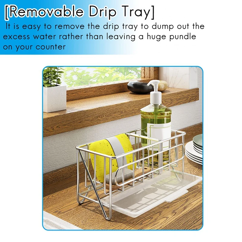 Sink Caddy Organizer Countertop Sponge Brush Soap Holder With Drain Pan Stainless Steel For Kitchen