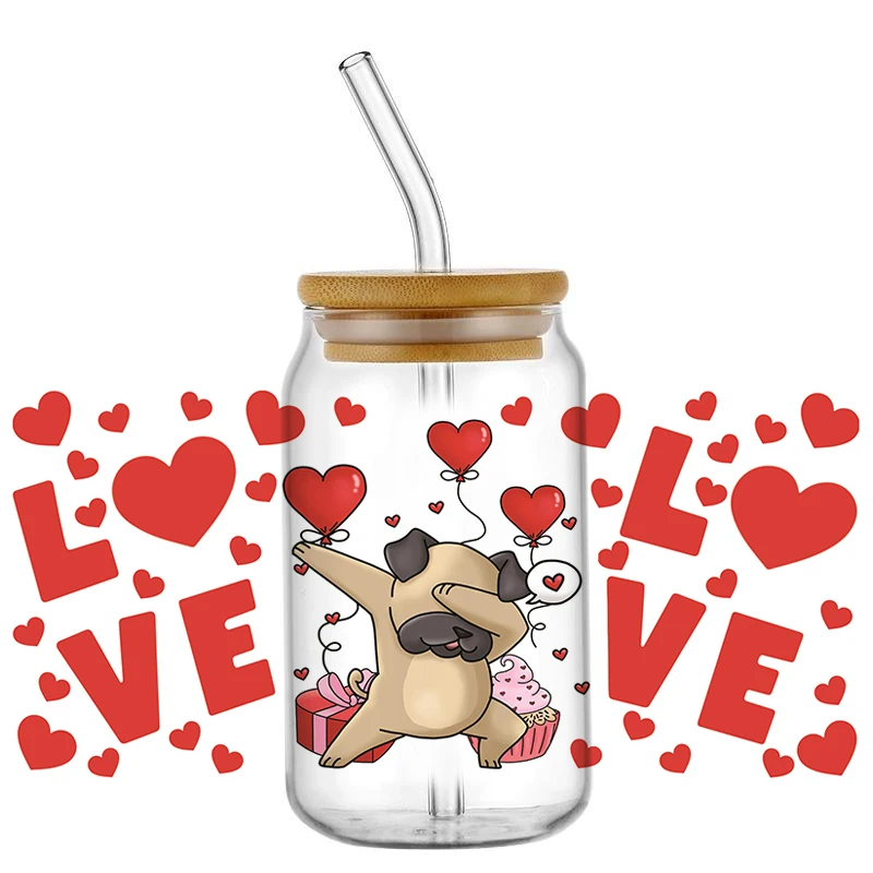 

Cute Animal Love Design Art Work 16oz Glass Cup Wrap Easy to paste UV DTF Transfer Decals Waterproof Transfers 3D Stickers