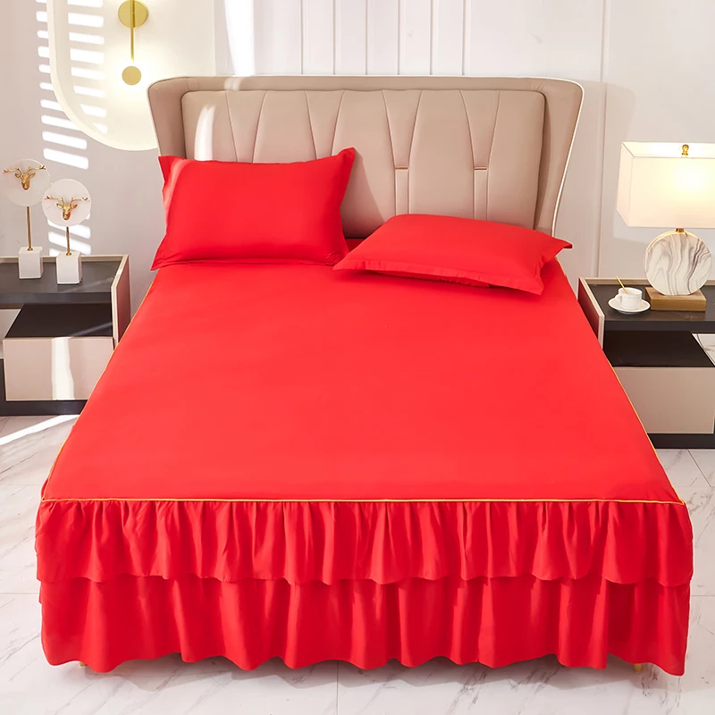 Wrap Around Solid Microfiber Luxury Hotel Quality Fabric Bedroom Gathered Ruffled Bedding Bed Skirt 13 Inch Drop, Full Size, Red