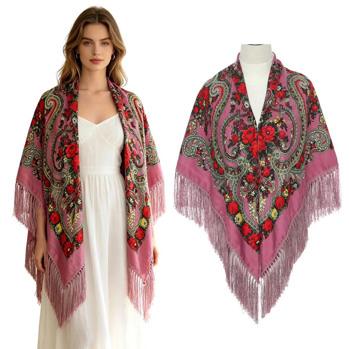 130cm New Russian Square Scarf for Woman Warm Tassel Shawls Floral Print Sunscreen Handkerchief Wraps Babushka Bandana Blankets view 6
