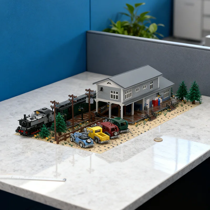 

6030 деталей MOC: Большая железнодорожная станция, модульная модель городской улицы, строительные блоки, креативный подарок, коллекционный декор, премиум-класс для детей