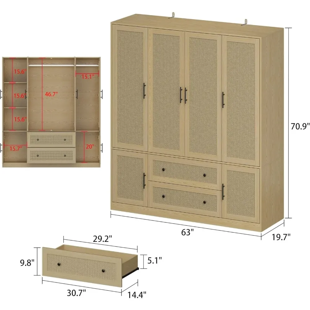 Rattan Closet Wardrobe Cabinet with 2 Drawers & Hanging Rod, Storage Wardrobe Armoire Dresser for Bedroom Organizer