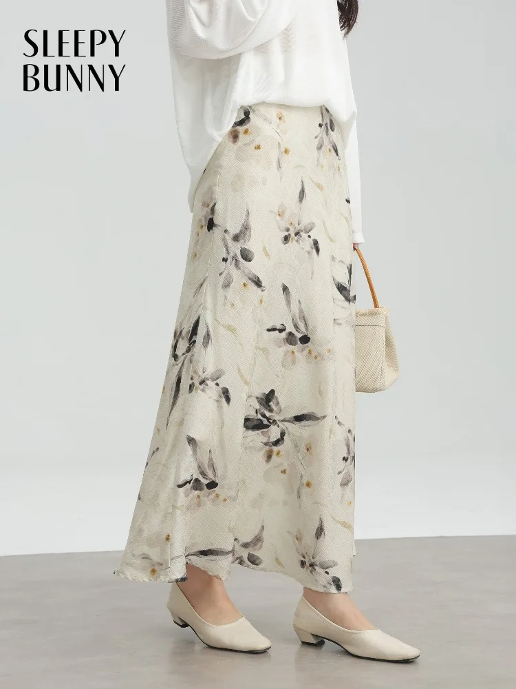 

Elegant Ink Print High Waist Skirt Flowing A-Line Midi Slimming Vintage Mermaid Skirt for Women Petite Casual Autumn Outfit
