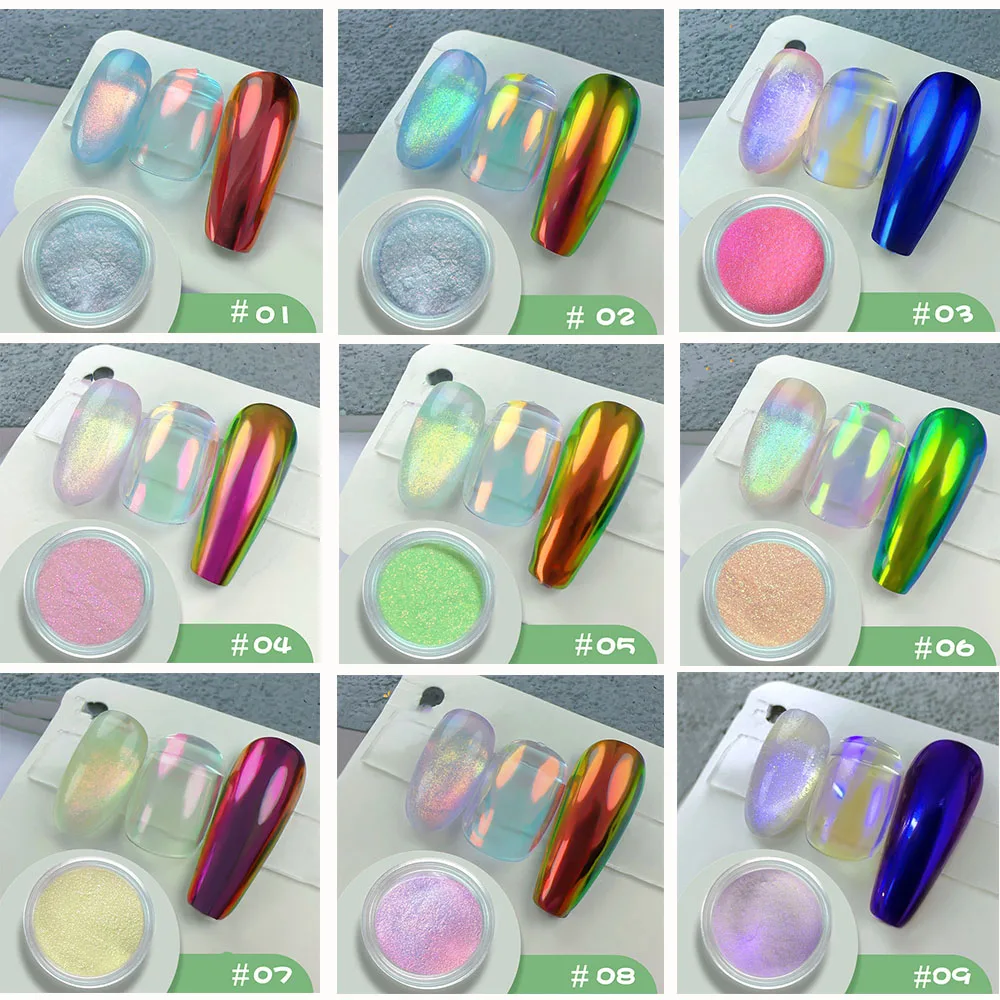 9 jar/Set Aurora Moonlight Spiegel Nagel Pulver 9 Farben Perle Meerjungfrau Einhorn Nagel Chrom UV Gel Polnisch Pigment DIY Nagel Dekor