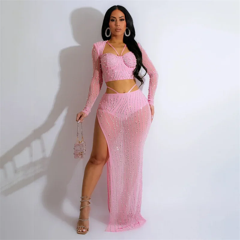 Women Fashion Wrap Bust Long Sleeve T-Shirt Commuter Diamonds 2 Piece Sets Split Hem Floor-length Skirt Sexy Party Female Suits