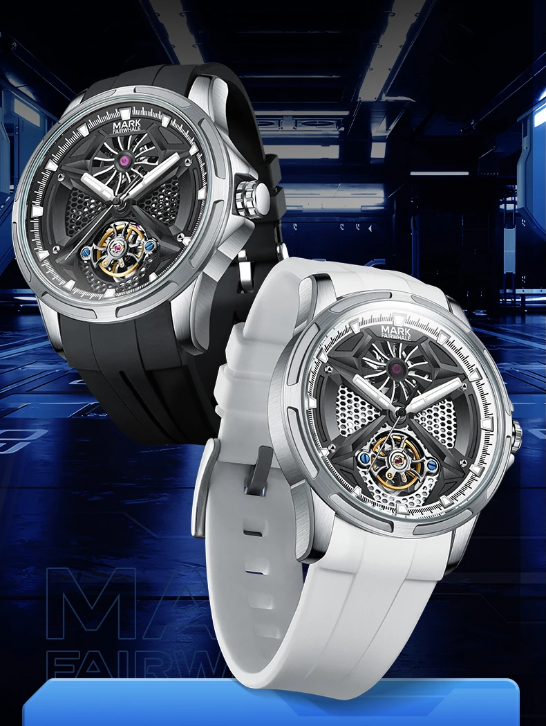 ساعة مارك فيرويل أوتوماتيكية للرجال 43 ملم ساعة يد ميكانيكية 30 متر مقاومة للماء بمينا هيكل عظمي مضيء