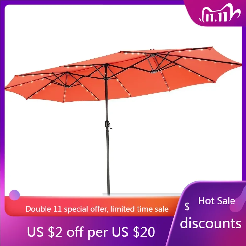 15 Ft Twin Patio Umbrella with 48 LED Lights, Double-Sided Outdoor Umbrella W/ Auto-Charging Solar Panel