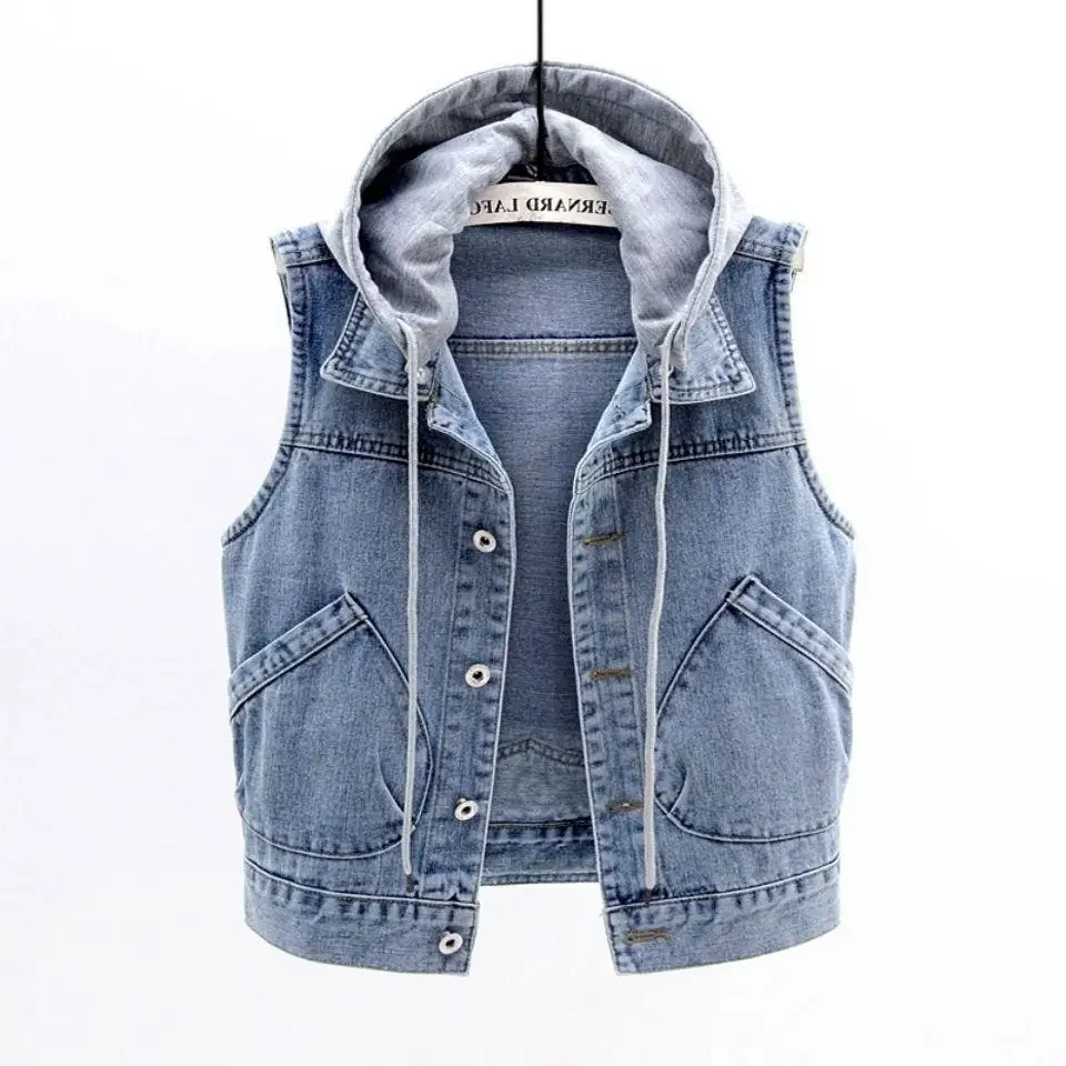 

New Denim Vest Women's Spring Autumn Clothes Sleeveless Wild Tops Short Hooded Jacket Women Denim Jeans Vest Jacket Female