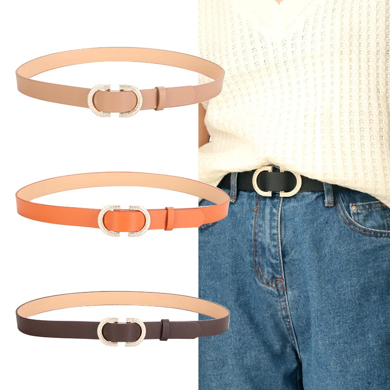 

New Women's Belt Double D Day Word Buckle Girls Fashion Rhinestone Decoration Belt Dress with Jeans Belts