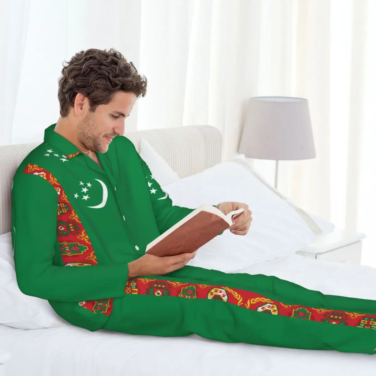 Turkmenistan Flag Long-sleeved Trousers Pajamas for Men Autumn and Winter Homewear Sleepwear Sets