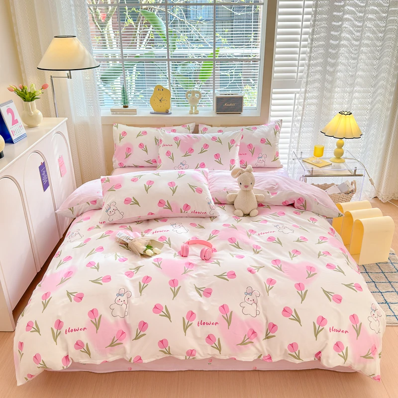 Pink Floral Bunny Duvet Cover Cotton 3pcs Bedding Set Girly Flower Rabbit Quilt Cover Reversible Comforter Cover 2 Pillowcases