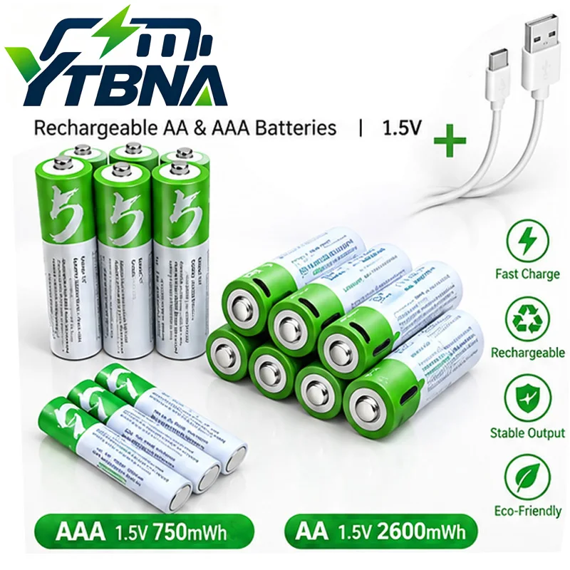 1,5 V AA AAA USB-Akku, Haushalts-Li-Ionen-Batterien für Maus, Uhr, Rasierer, Thermometer + Typ-C-Kabel