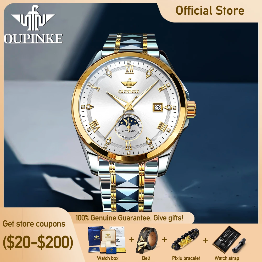 

OUPINKE 3265 Watches For Man Luxury Automatic Mechanical Watches For Man 50M Waterproof Moon Phase Date Watch Gift Box