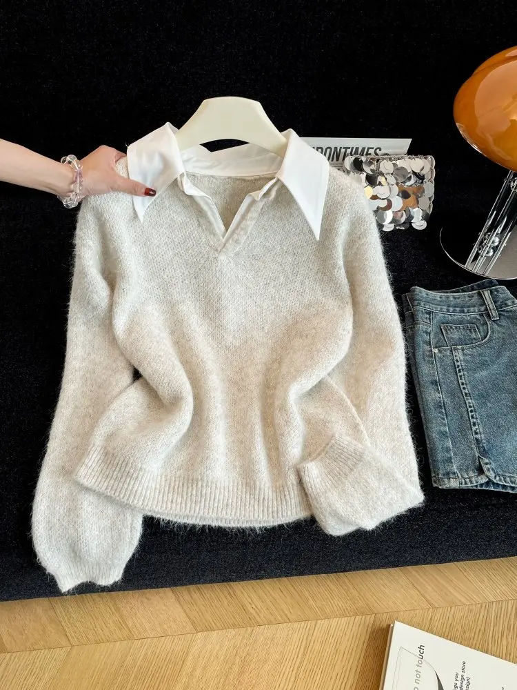 

Модный корейский свитер в стиле колор-блок для женщин, зимний вязаный топ из мягкого хлопка с длинными рукавами, воротником и стандартным кроем, повседневная одежда