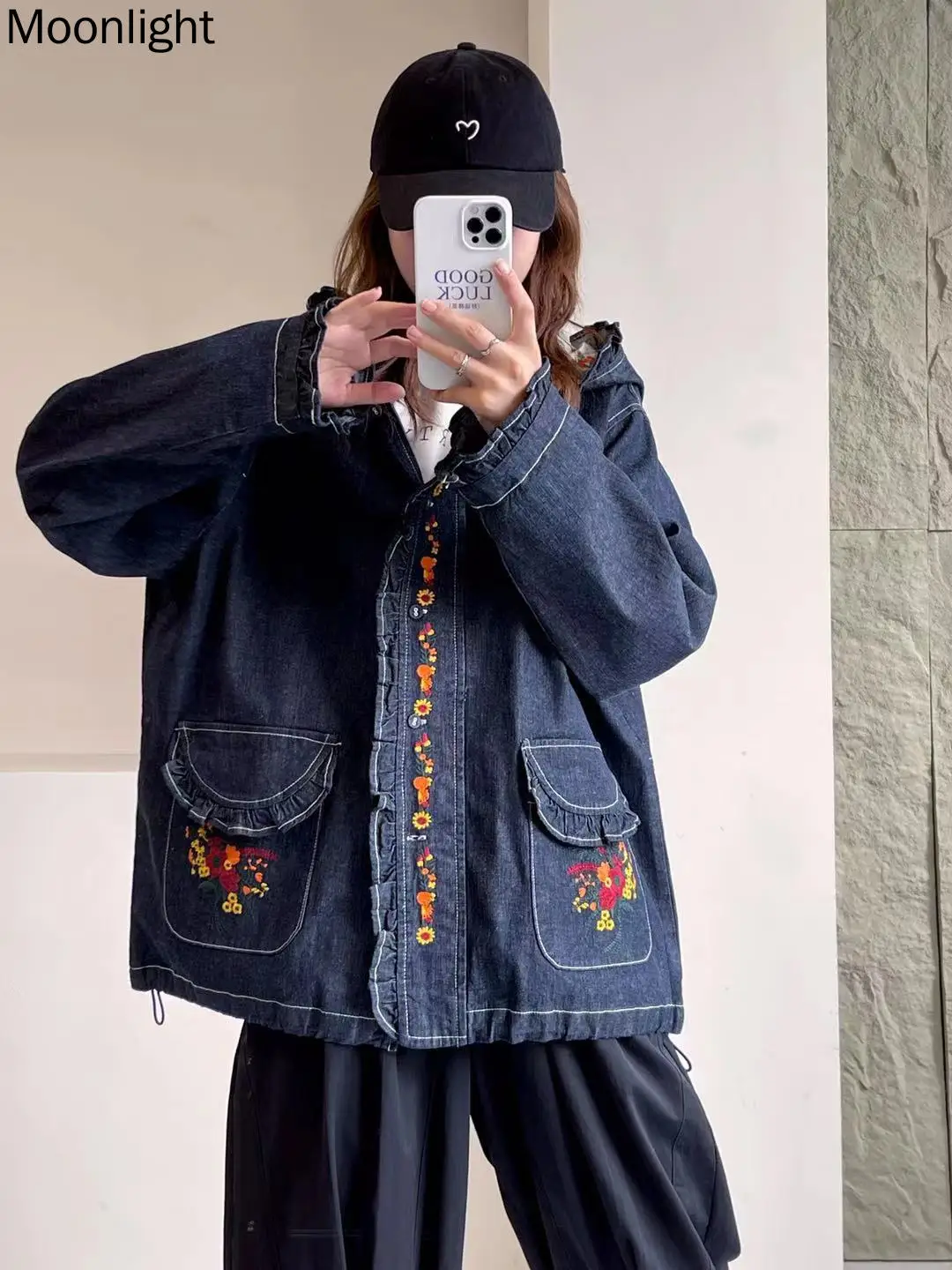 Vintage Floral Embroidery Hooded Denim Jacket Women Autumn Japanese Mori Girl Ruffled Long Sleeve Loose Female Jeans Outwear