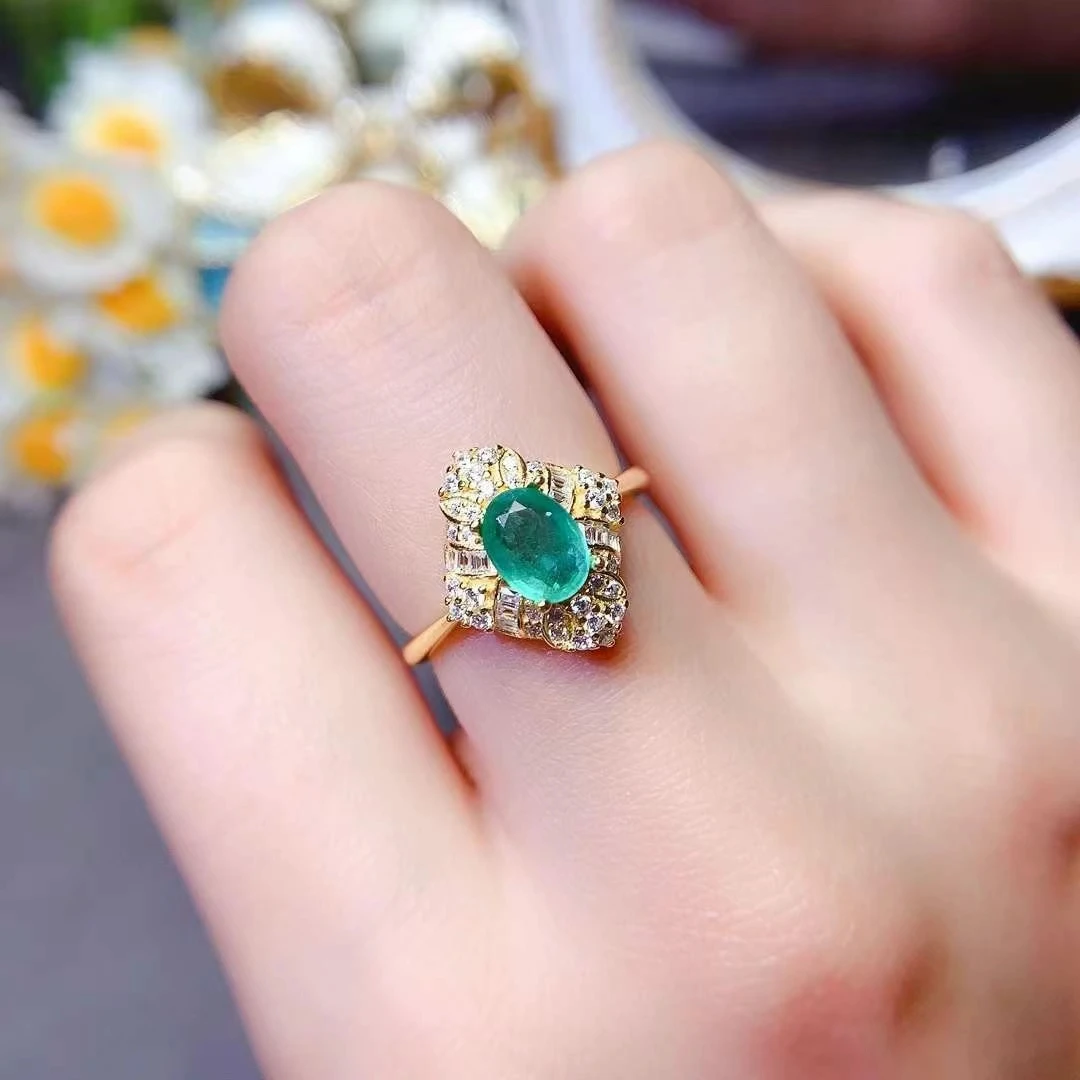 Luxury Emerald Wedding Ring for Women 5mm*7mm 0.6ct Natural Emerald Ring with 18K Gold Plated 925 Silver Jewelry