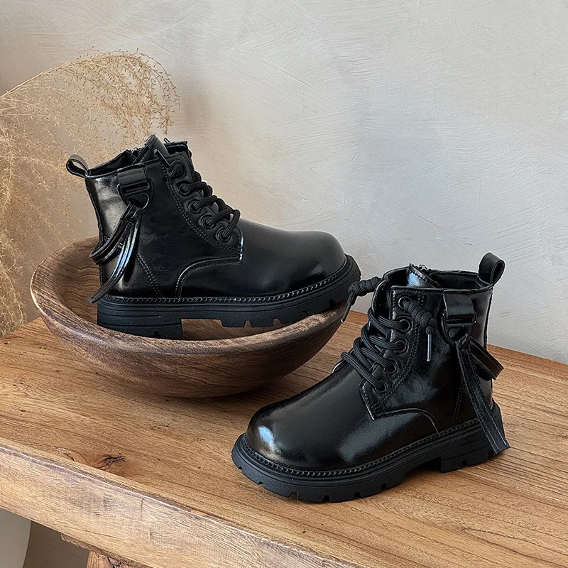 الفتيات البريطانية أحذية بوت قصيرة جديد الشتاء الخريف الأطفال أسود براون بولي Leather الجلود الكاحل الأحذية حجم 26-36