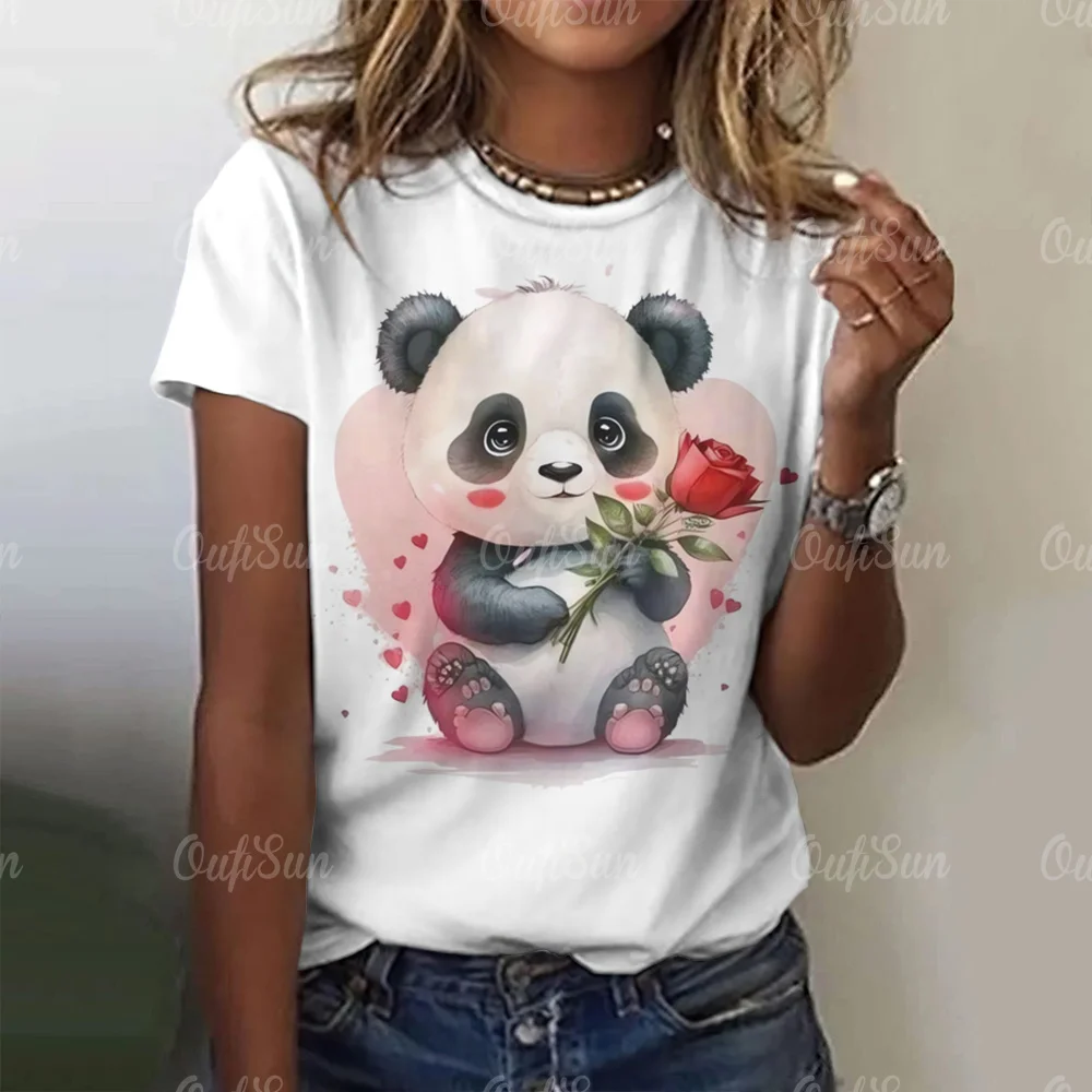 Cartoon Panda Pattern Women\'s T-Shirt O Neck Short Sleeve Tees Loose Pullover Summer For Ladies Female Fashion Streetwear Tops