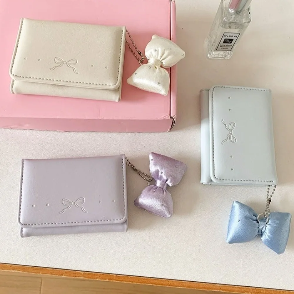 Cute Foldable Pendant Bow Wallet Korean Style Multi-functional Short Wallet PU Leather Solid Color Coin Purse Women