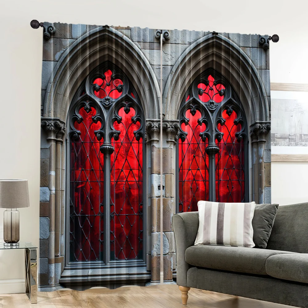 قطعتان، ستائر مطبوعة مسطحة ثنائية الأبعاد على شكل قلعة قوطية متعددة الاستخدامات من البوليستر، بدون زينة للعطلات الكهربائية مناسبة للحفلات #6