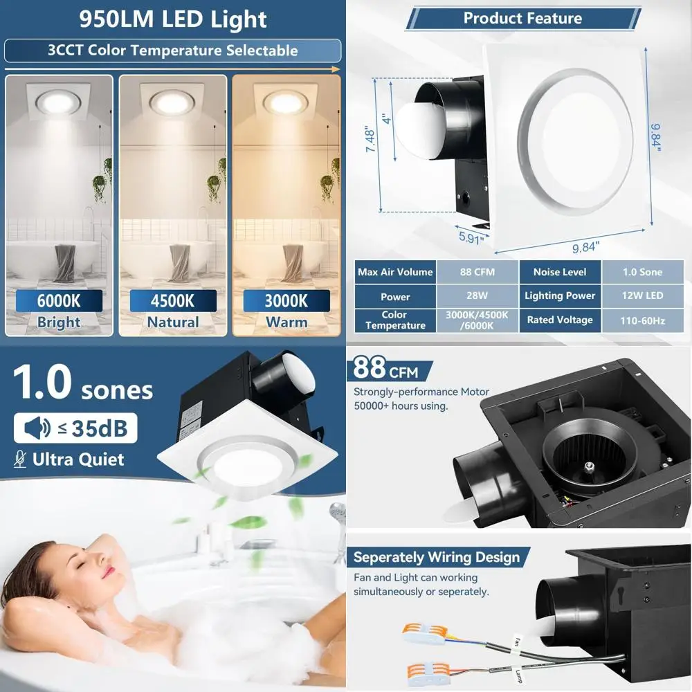 

88CFM 1.0 Sone Quiet 28W LED Bathroom Shower Fan with Adjustable 3CCT Light, 8x8 inch White Ventilation