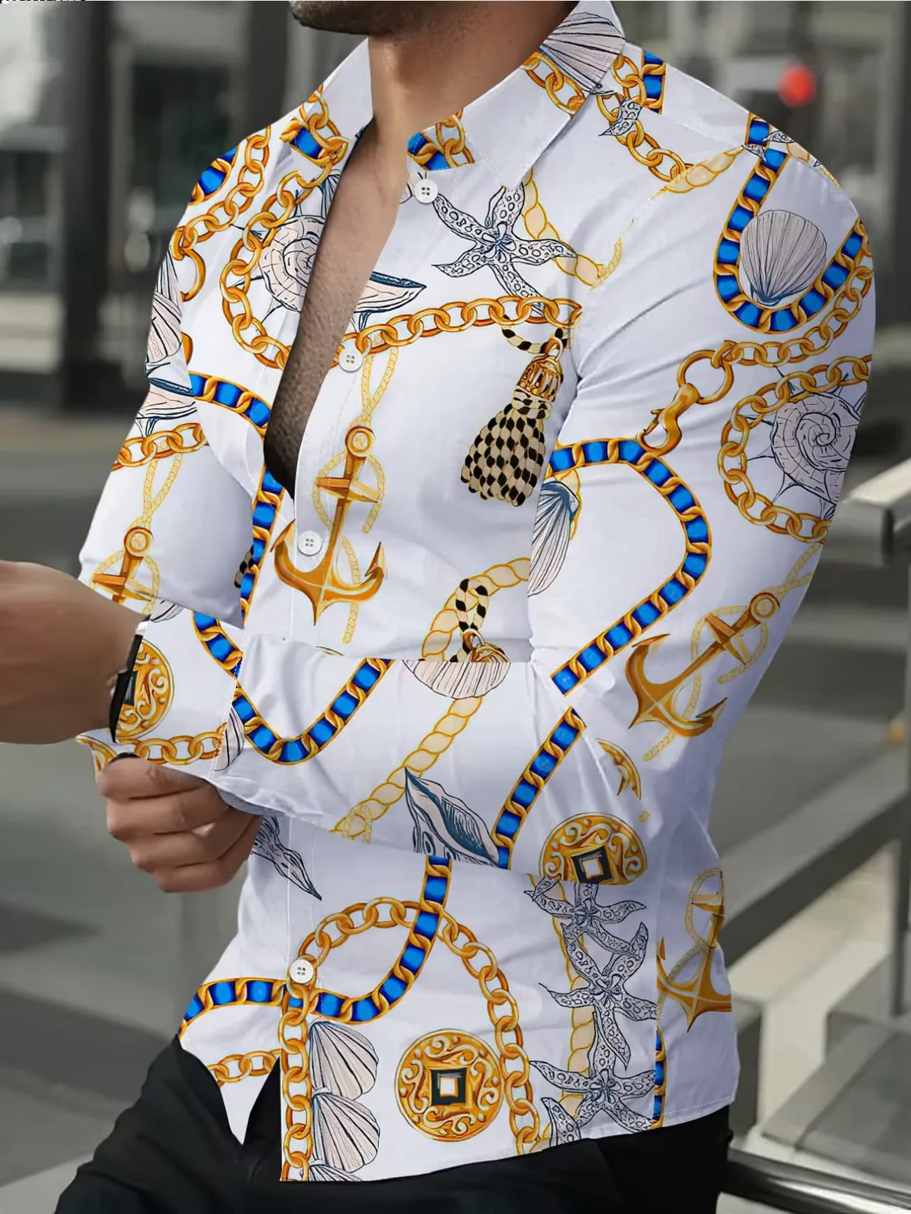 New High-End Satin Baroque Curly Grass 3D Printed Pattern Shirt for Men's Business Celebration Top Clothing