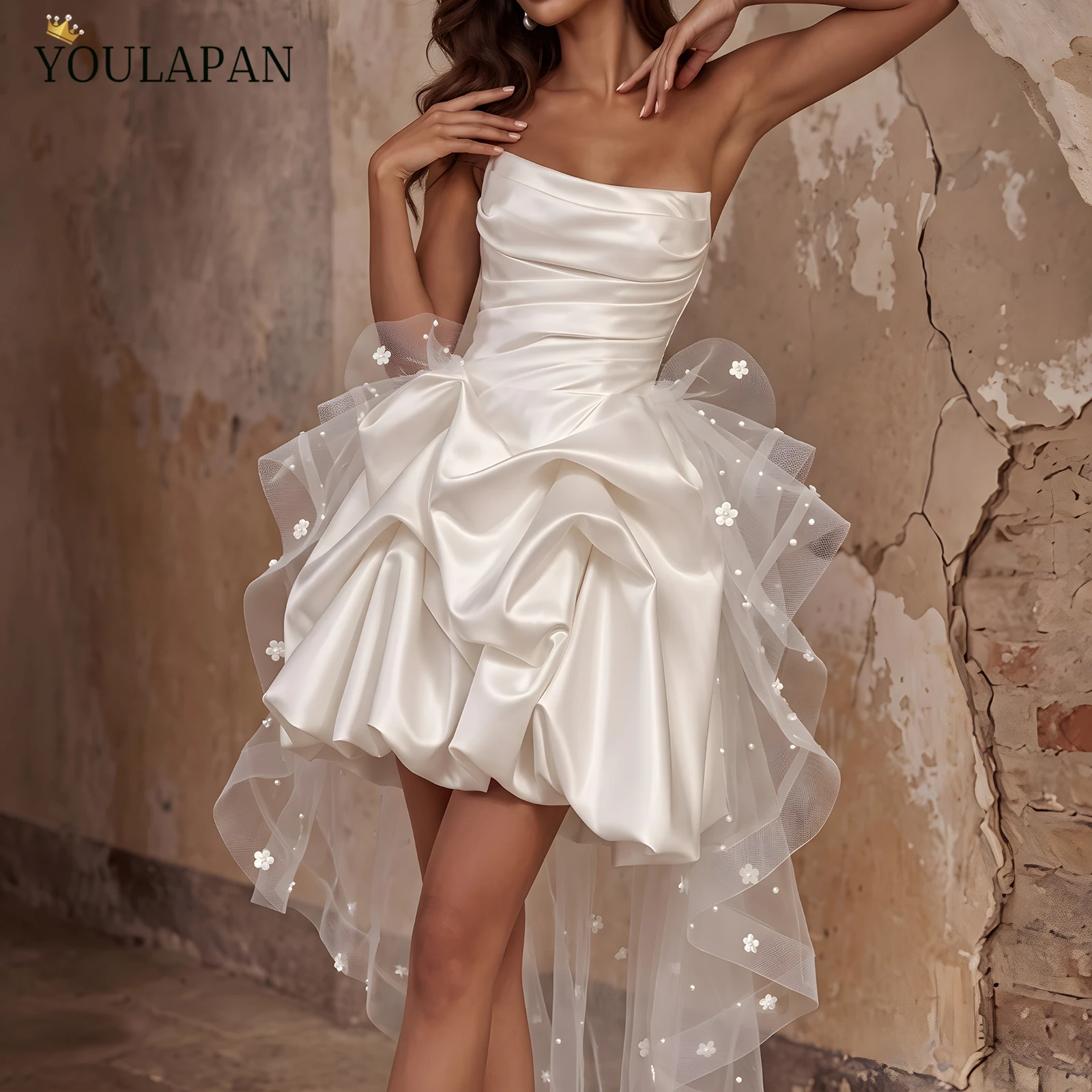 TOPQUEEN 3D Flower Pearl Tulle Wedding Overlay Skirt Irregular High Low Bridal Detachable Skirt Wedding Accessories VB37
