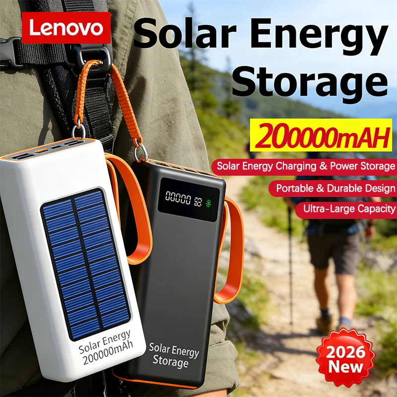 Lenovo 200000mAh Solar Jump Starter Big Capacity Built-in Cables External Battery LED Light For iPhone Huawei Xiaomi 2026