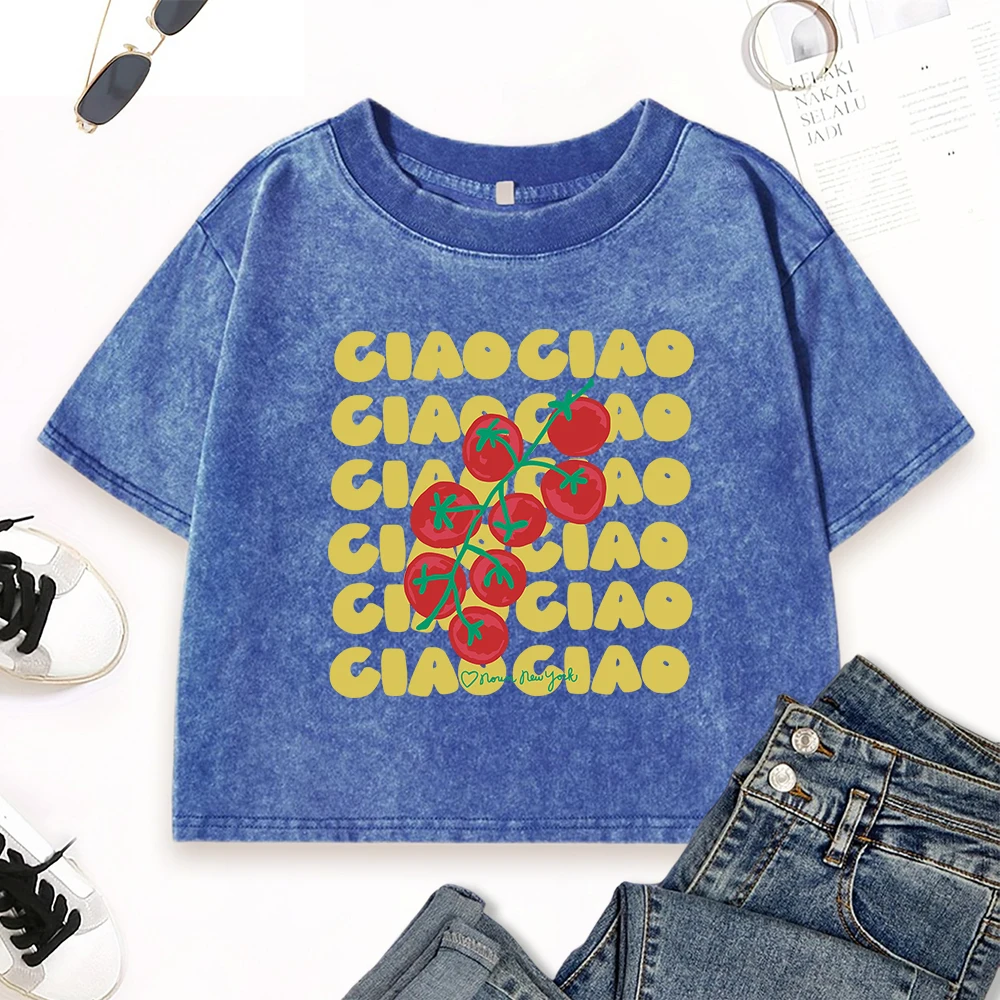 

Ciao Tomatoes Fruits Printed Female Washed Tee Shirt Cotton Street Y2K T Shirts Soft Slim Crop Top Crewneck Women Summer Clothes