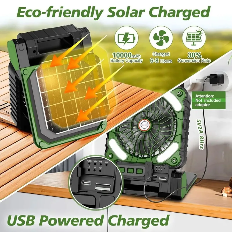 Solar Powered Camping Lamp with Cooling Fan 4 Speed Wind Settings 3 Timing Modes 3 Lighting Levels Portable Power Bank Function