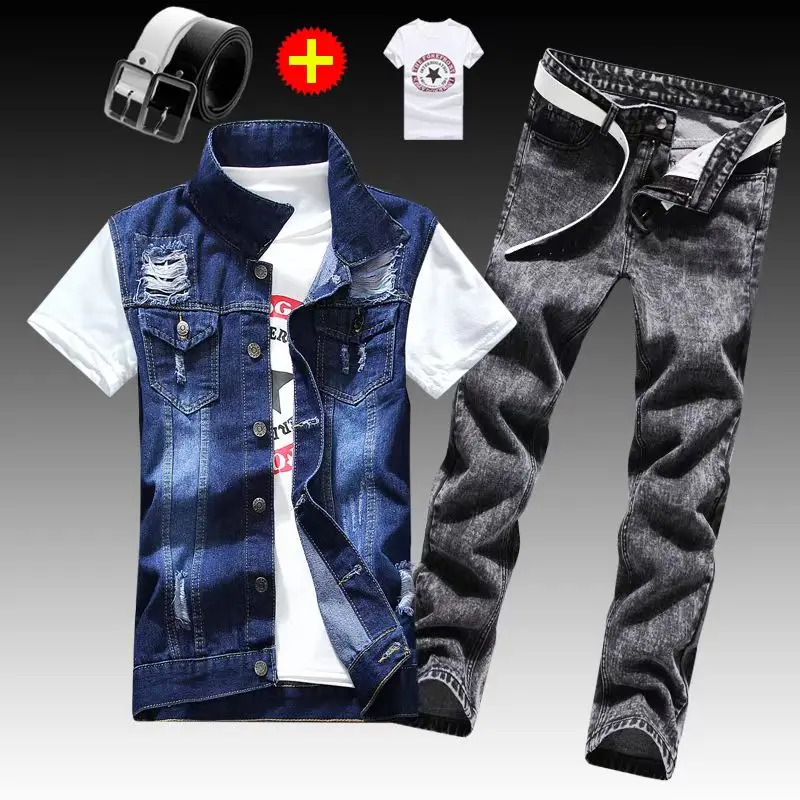 Spring Autumn Mens Thin sleeveless Denim Coat Pencil Pants T-shirts 3pcs Set Jacket Trousers Casual for Male Slim Fit