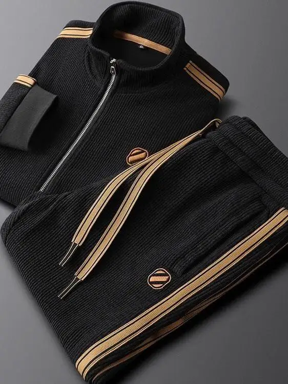 

Autumn Winter Warm Color Casual Sportswear Slim Fit Trendy Men's Striped Two Piece Set Long Sve Long Pants