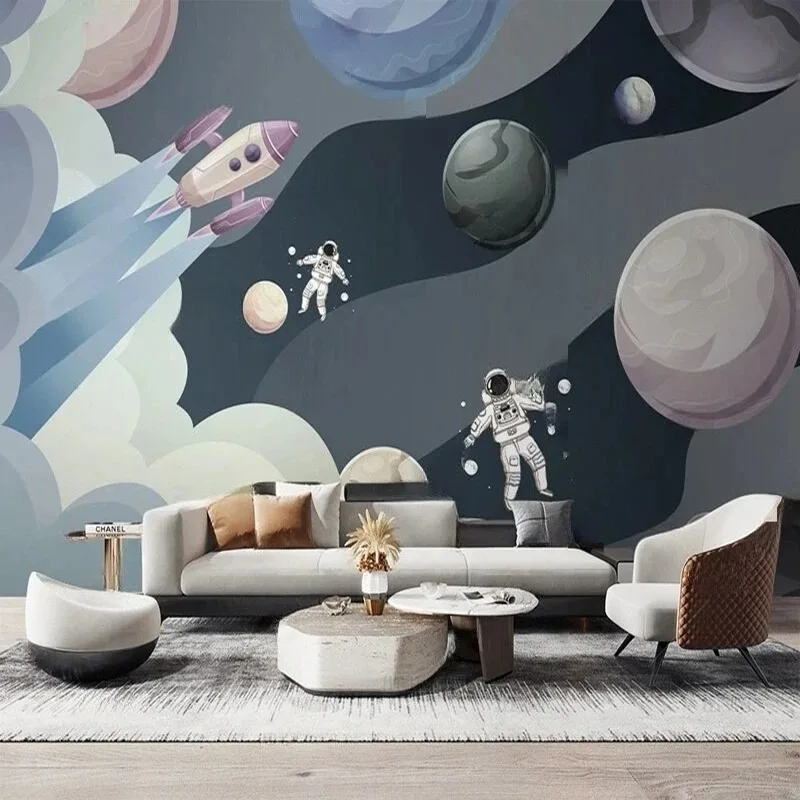 Custom Wallpaper Cartoon Space Planet Wall Mural for Kids Room Personalized Nursery Playroom Decor Background Wall Art