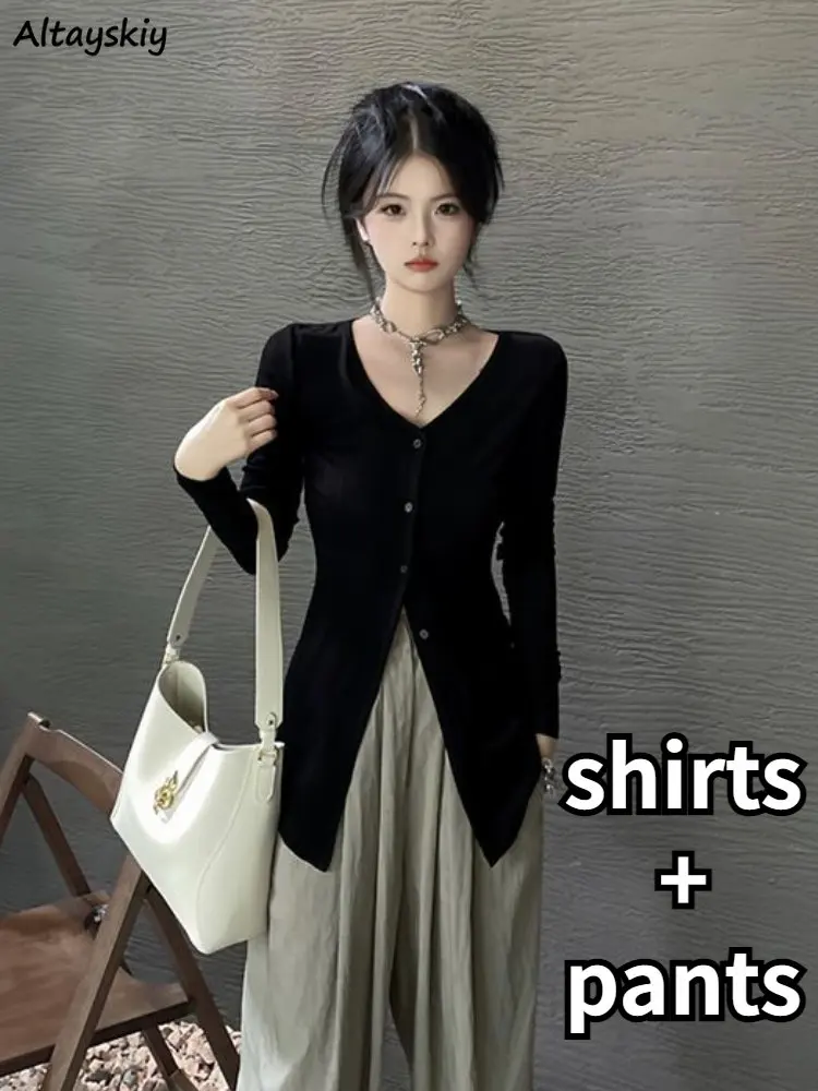 

2 Pcs Sets Women Literary Chic Vintage Office Lady Long Shirts Loose Breathable Thin Full Length Pants Harajuku OOTD Sunscreen