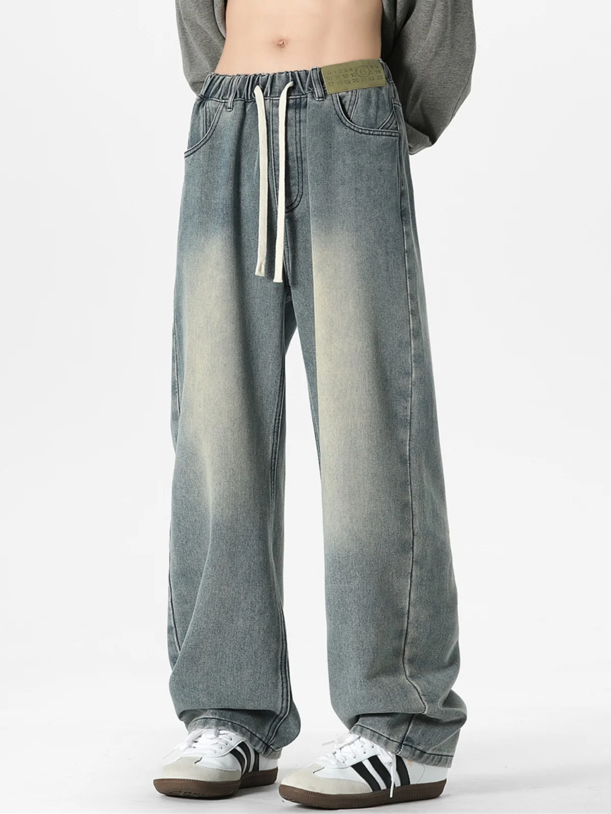 

American Retro Waed Dstring Jeans Men's plus Size Trendy Brand Loose Straight Floor-Length Pants Cotton Polyester Blend