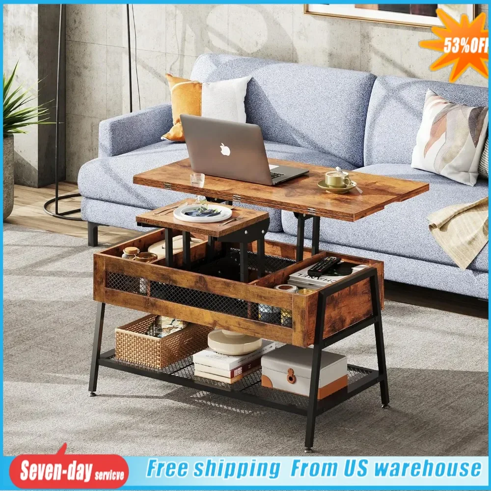 

Lifted table coffee table with storage, concealed compartment and metal frame that converts into a living room dining table