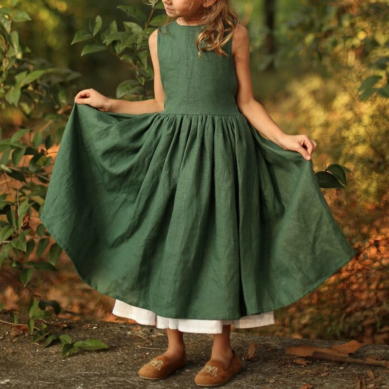 

Vintage Cotton Linen Girls Sleeveless Dress Chic Open Back Buttons Bandage Bow Sweet Loose Wending Evening Party Dresses