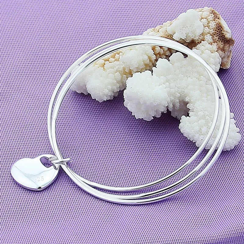 

925 Sterling Silver Bracelets For Women Three Circles Hanging Heart Bangle Adjustable Jewelry Fashion Party Gifts Girl