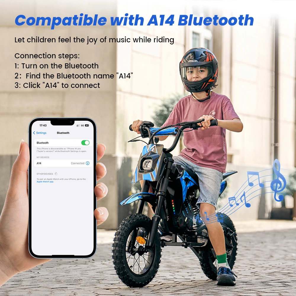 Motocicleta eléctrica IScooter para niños, 500 W, 5,2 Ah, modelo A14, velocidad máxima de 27 km/h, 14 pulgadas, para uso en terrenos irregulares y fuera de carretera.