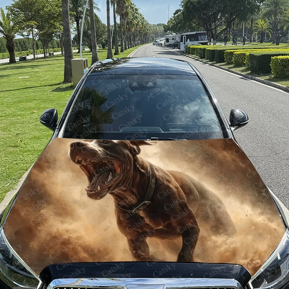 This car hood features a fierce dog roaring amidst swirling dust, creating a bold and dynamic visual impact. Perfect for animal