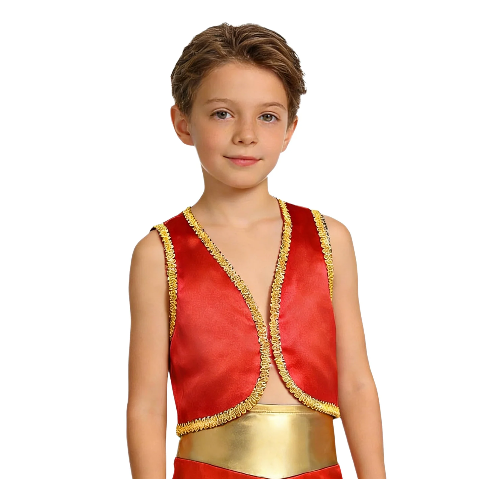 

Boys Vest Arabian Prince Arab Fairy Tale Carnival Cosplay Costume Dress Up Waistcoat Open Front Golden Braided Trimmings Vest