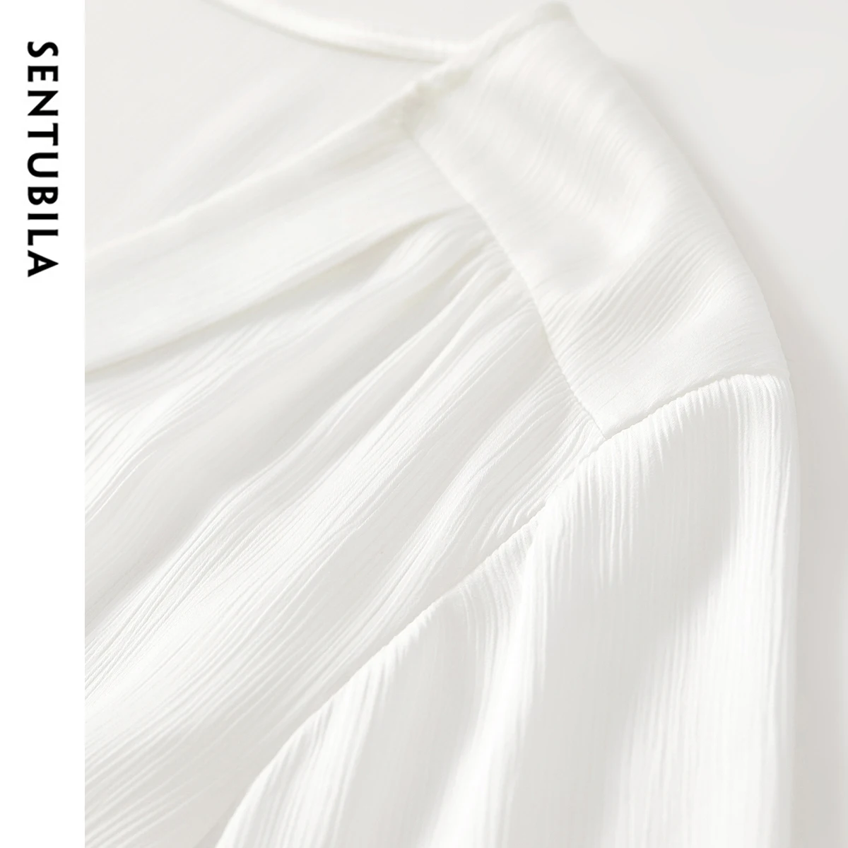 SENTUBILA White Women's Blouses Casual Straight V Neck Folds Long Sleeve Slit Comfort Pullover Tops 2025 Spring New 151C58124