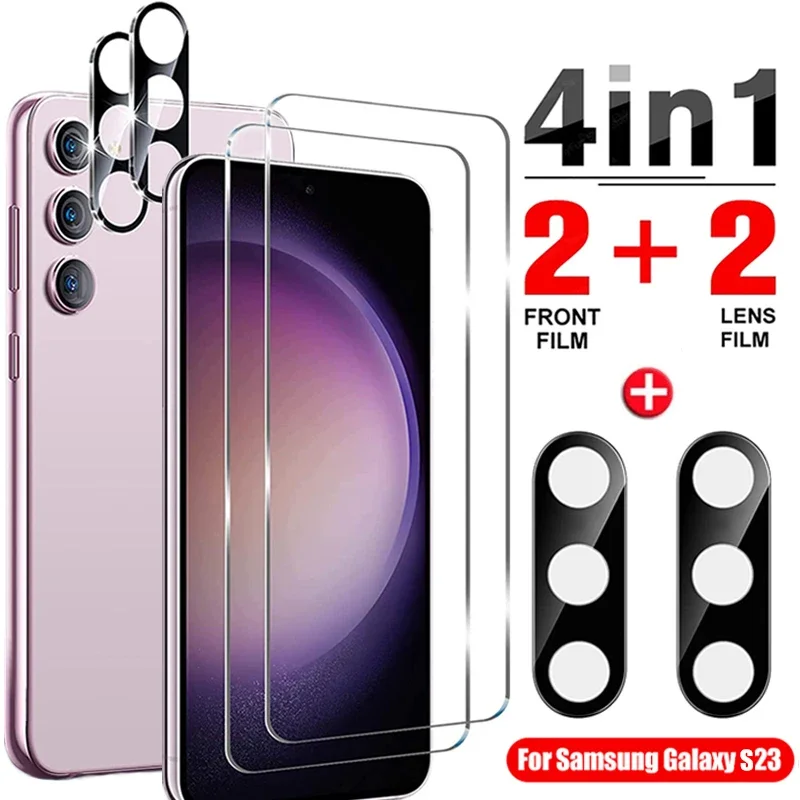 4in1 Tempered Glass Protective for Samsung Galaxy S23 S23+ Plus 5G Screen Camera Lens Protection Cover Film for Galaxy S23 Plus