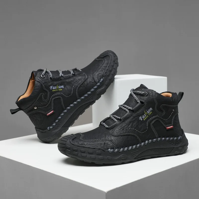 남성용 핸드 스티치 부츠 플러스 사이즈 캐주얼 스포츠 신발 편안한 부드러운 발목 부츠 야외 미끄럼 방지 남성 작업화