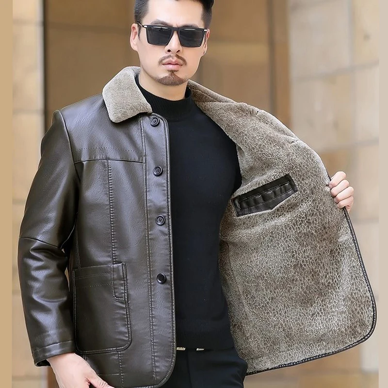 Winter Leather Jacket For Men Fur One-Piece Lapel Sheepskin Coat Lining Plush Thicken Natural Genuine Leather Jacket Outerw Man